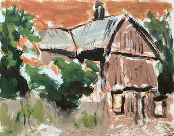 The barn down the road with orange sky