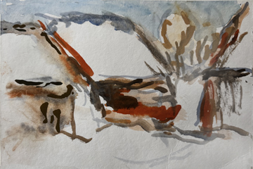 Barn in snow on postcard I