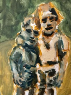 Janet and Laurie as children in front of jungle gym